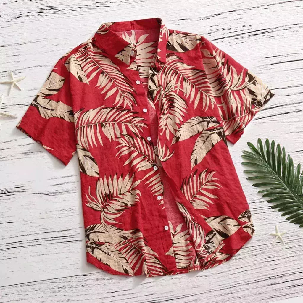Camisa estampada de folhas havaianas masculina, feriado, manga curta, vermelho, gola virada para baixo, férias, tops de praia, roupa