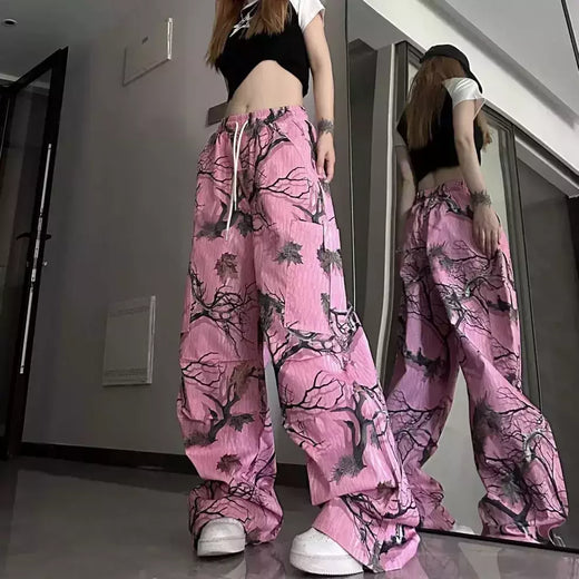 Calça casual com graffiti vintage masculina e feminina, estilo americano, estampa de camuflagem, bolso, calça de perna reta, estilo coreano, 2023