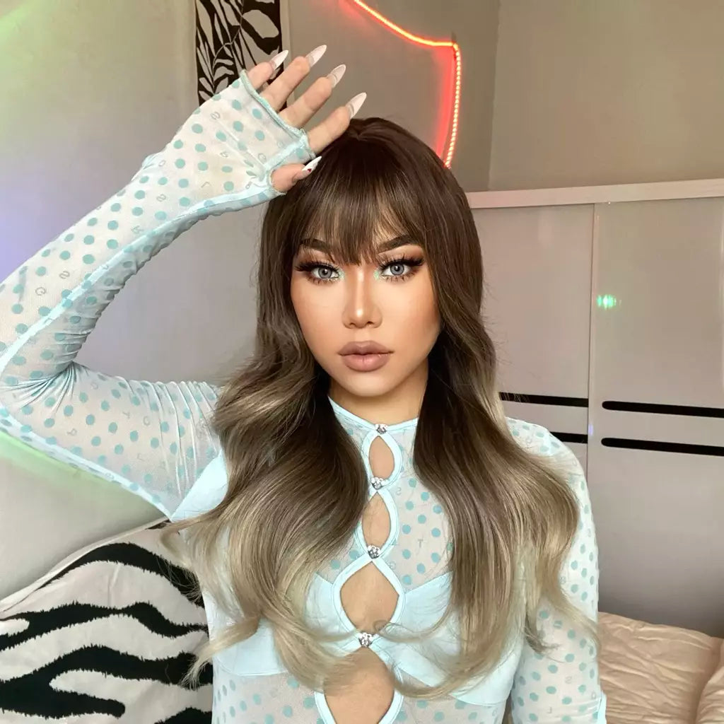 Louis ferre longo ombre loira perucas sintéticas com franja para mulheres onda natural penteado fibra resistente ao calor cosplay perucas marrons