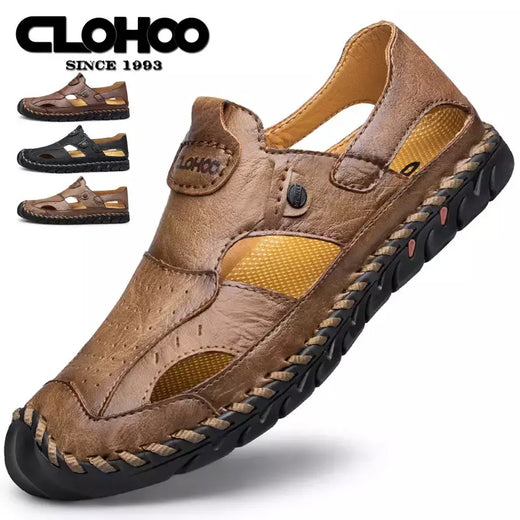 Tampão-sapatos de couro respirável para homens, sapatos de buraco oco, fundo macio, superfície macia, sandálias casuais