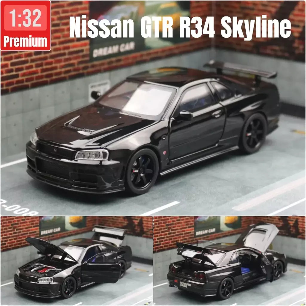 1/32 nissan skyline gtr r34 jdm modelo de carro de brinquedo diecast veículo em miniatura som & luz puxar para trás coleção presente crianças menino