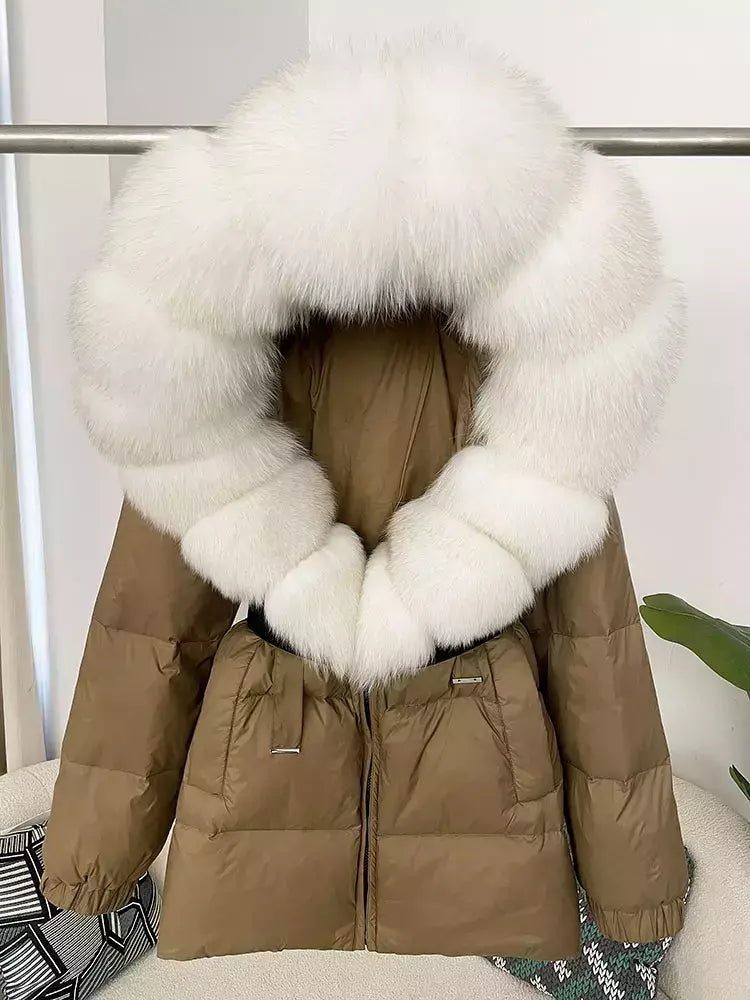 Oftbuy 2024 jaqueta de inverno feminina gola de pele de raposa natural real com capuz grosso quente 90% pato branco para baixo casaco feminino streetwear casual