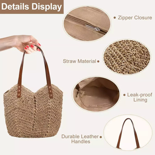 Bolsa de praia de palha feminina, bolsa de ombro grande para férias, bolsa macia, verão