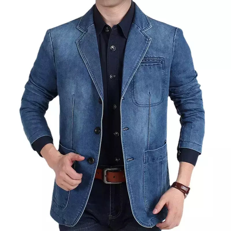 Blazers jaqueta masculina casual denim fino bolso splicing casaco masculino manga comprida único breasted turn-down collar blazers jaqueta
