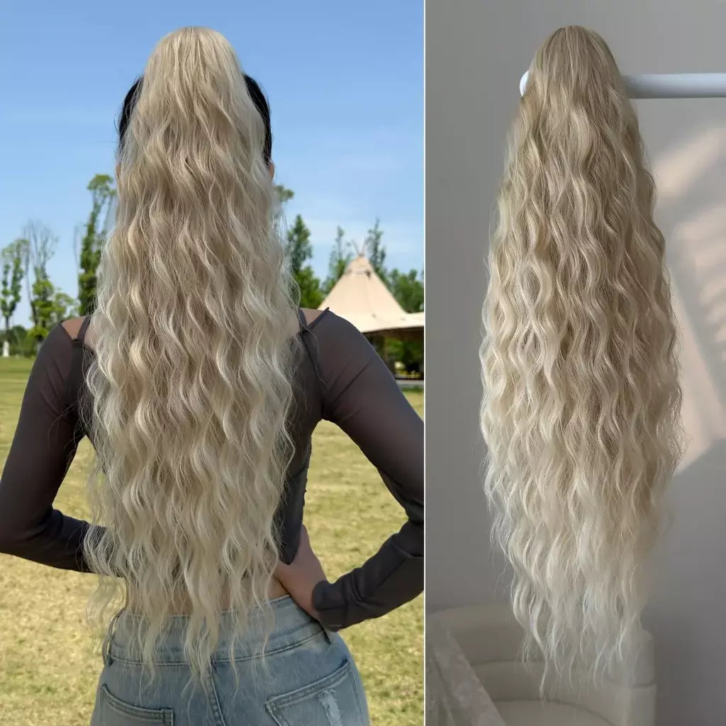 Aoosoo sintético água rabo de cavalo extensão do cabelo clipe no rabo de cavalo da mulher acessórios para o cabelo longo encaracolado peruca natural encaracolado preto