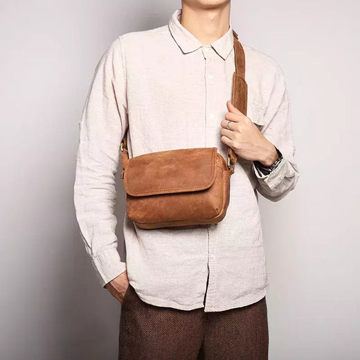 Bolsa de ombro retrô de couro genuíno masculina, grande capacidade, bolsa transversal diagonal, bolsa pequena para iPad, cavalo louco
