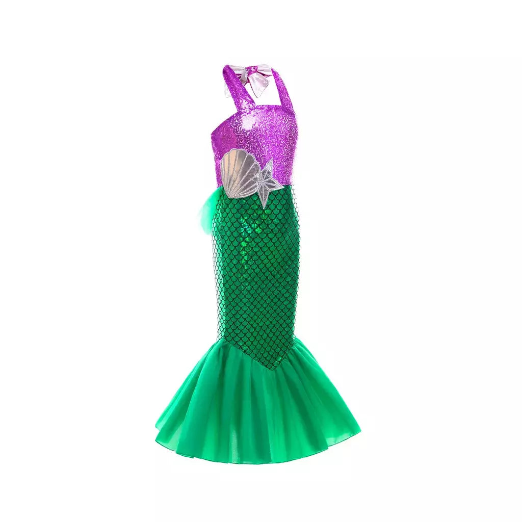Meninas roxo-azul sereia ariel cosplay vestido de halloween vestido de festa de aniversário meninas praia vestido de férias