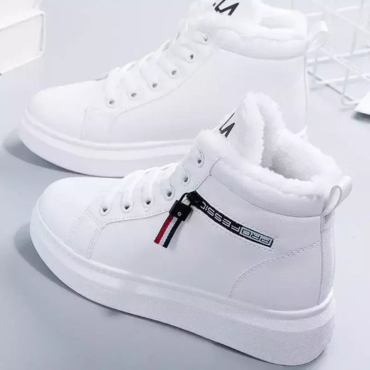 Botas de pelúcia quente PU para mulheres, sapatos de inverno, apartamentos, rendas, botas de neve curtas, senhoras, 2022