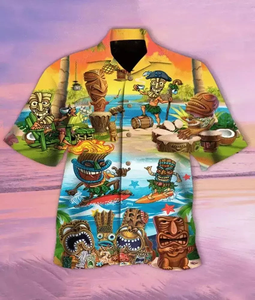Camisas Tiki de mangas curtas masculinas, estampa 3D, tendência legal da moda, tops havaianos para festas na praia, tops soltos e respiráveis, 2024