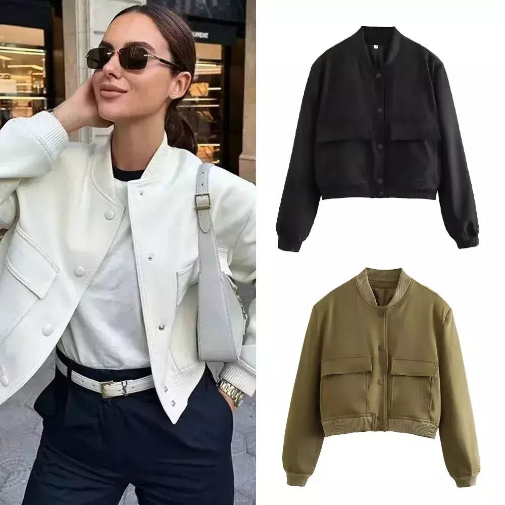 Jaqueta Bomber Cropped feminina, Casaco de manga comprida, Beisebol de botões, Casaco Aviador, Preto, Branco, Outono, Inverno
