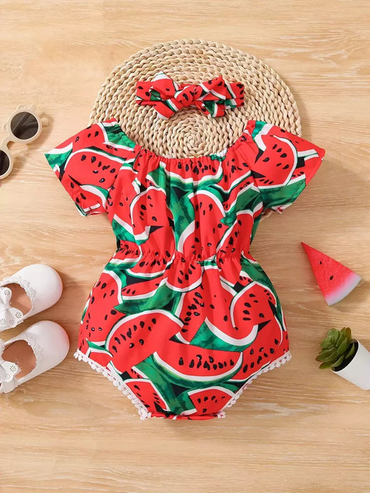 Melancia de manga curta feminina estampada bodysuits, roupa do bebê, bonito Onesie, vestido casual com bandana, verão