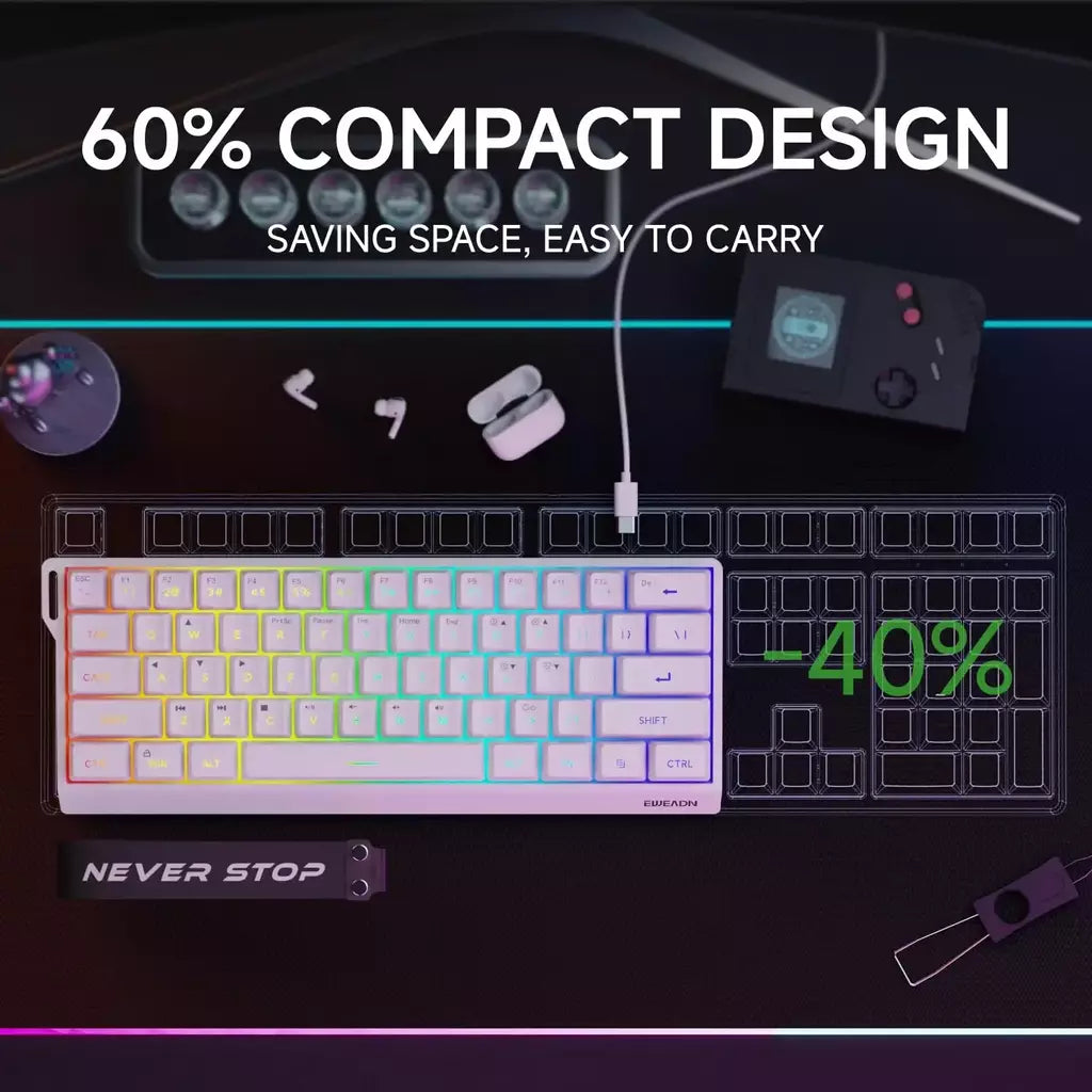 EWEADN F61 Teclado com fio 61 teclas RGB Pequeno e portátil computador para jogos de escritório Teclado de escritório silencioso Conexão USB Três cores