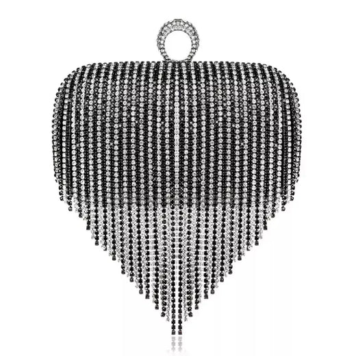 Embreagem de borla de diamantes brilhantes para mulheres, bolsa caixa de metal, bolsa de festa noturna, alça redonda, moda