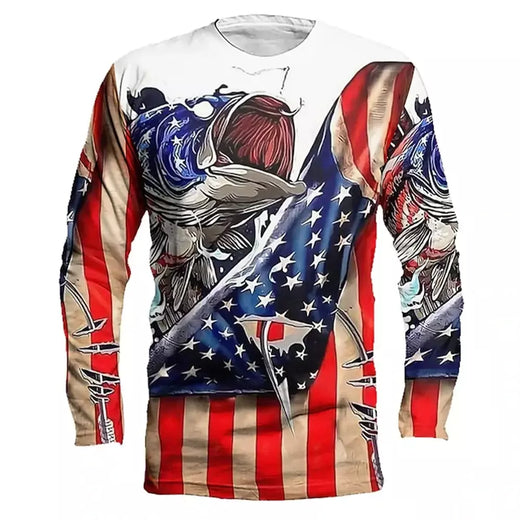 Camiseta de pesca de manga comprida masculina, 3D Fish Pattern, Casual e elegante, gola redonda, camisa extragrande, ao ar livre, novo