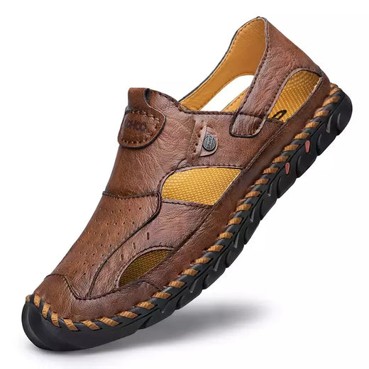 Tampão-sapatos de couro respirável para homens, sapatos de buraco oco, fundo macio, superfície macia, sandálias casuais