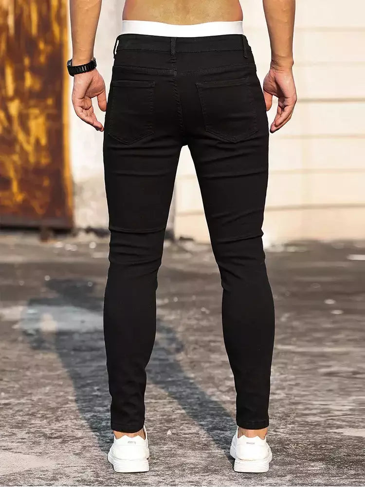 Moda masculina rua rasgado jeans preto puro estiramento apertado pequeno pé lápis calças namorado clube roupas denim ropa hombre