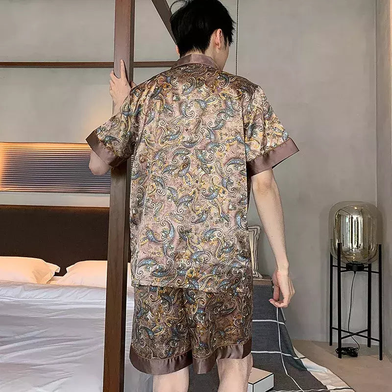 Conjuntos de pijama masculino de cetim de seda manga comprida, pijamas masculinos, camisola estampada, Casa, Soft Cozy Sleepwear Calças, Novo