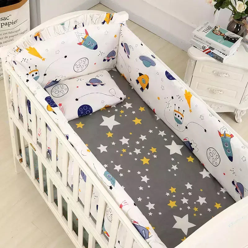 Universo Espaço Algodão cama do bebê Set, Crib Roupa de cama, Kids 'Bedroom Decor, Baby Girl and Boy's Crib, Bed Bumper, Bedsheet and Pillow, 6PCs