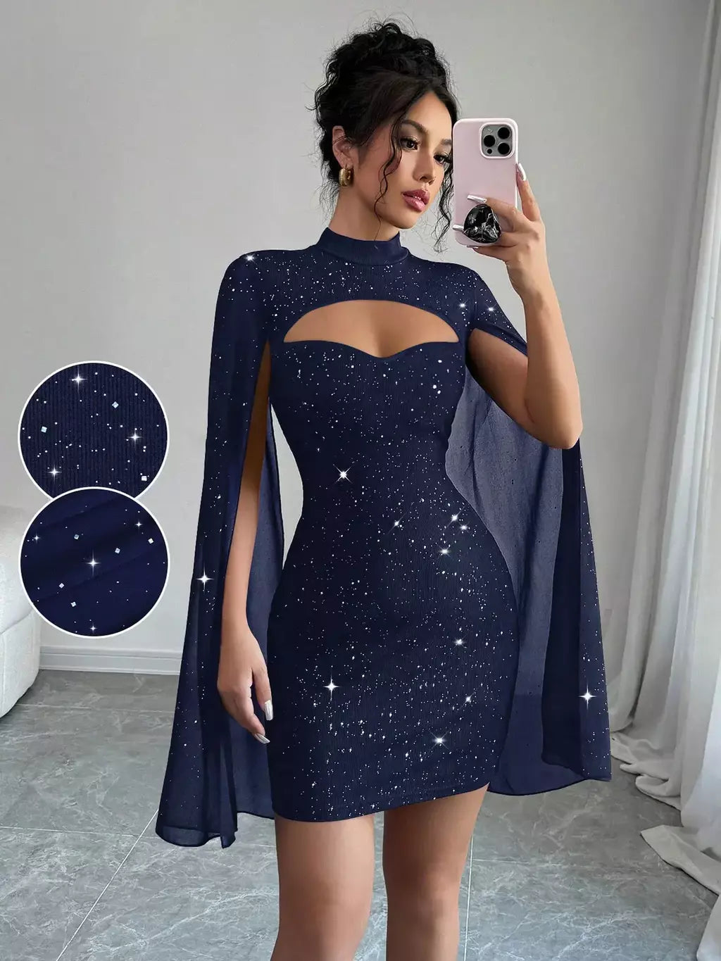 Sexy feminino gola capa mini vestido lantejoulas espumante clube festa noite fora cabido bodycon elegante outono inverno