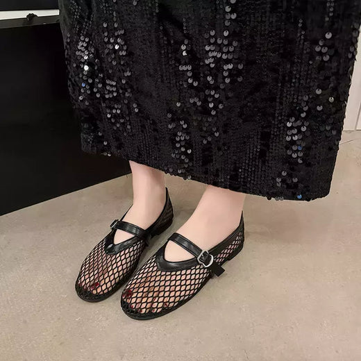 Sapatos de rede de dedo do pé redondo para mulheres, sapatilhas casuais e confortáveis, sapatos Mary Jane recortados, fivelas retas, verão