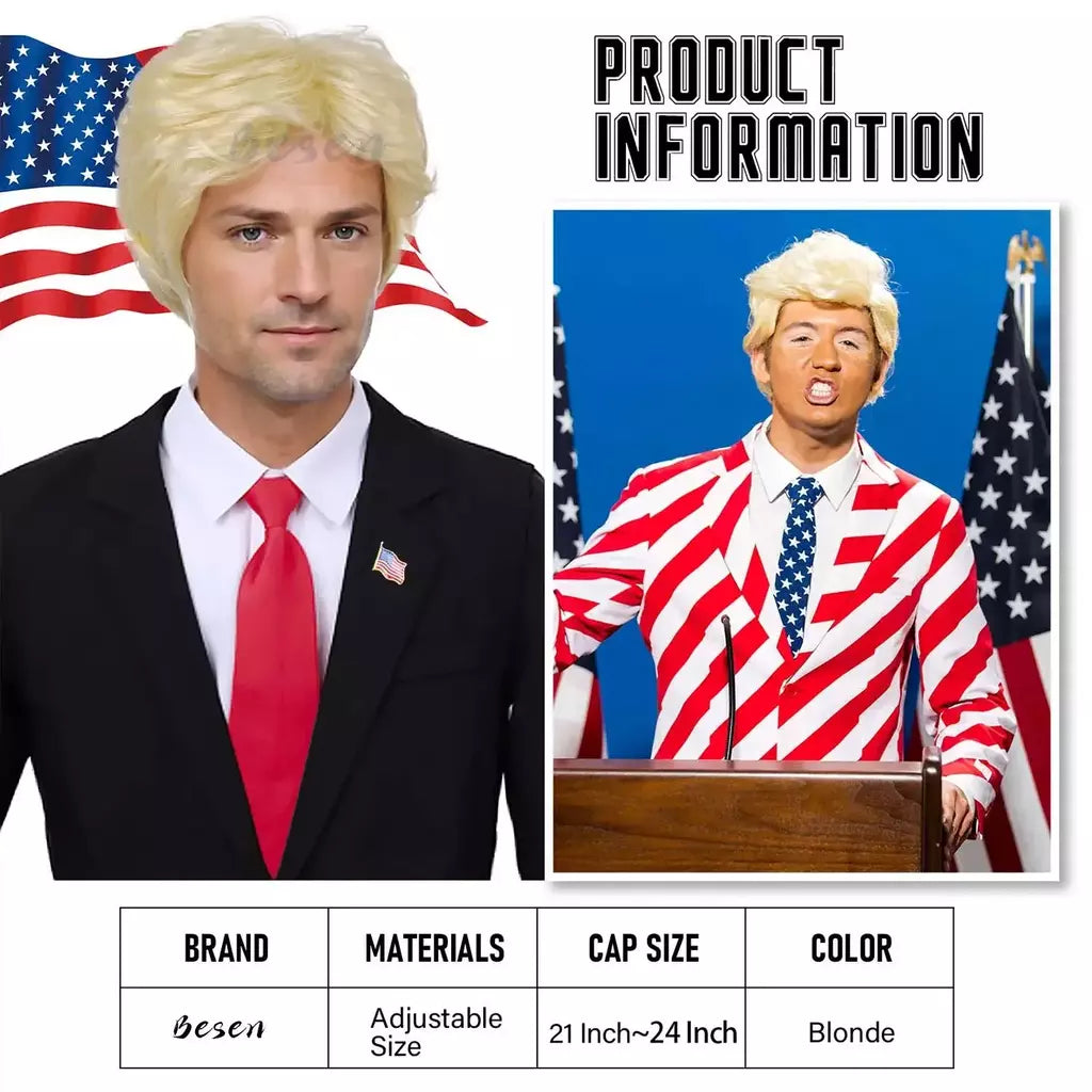 Peruca loira sintética para adultos com adesivos engraçados, peruca masculina em camadas resistente ao calor, pessoas famosas, cosplay