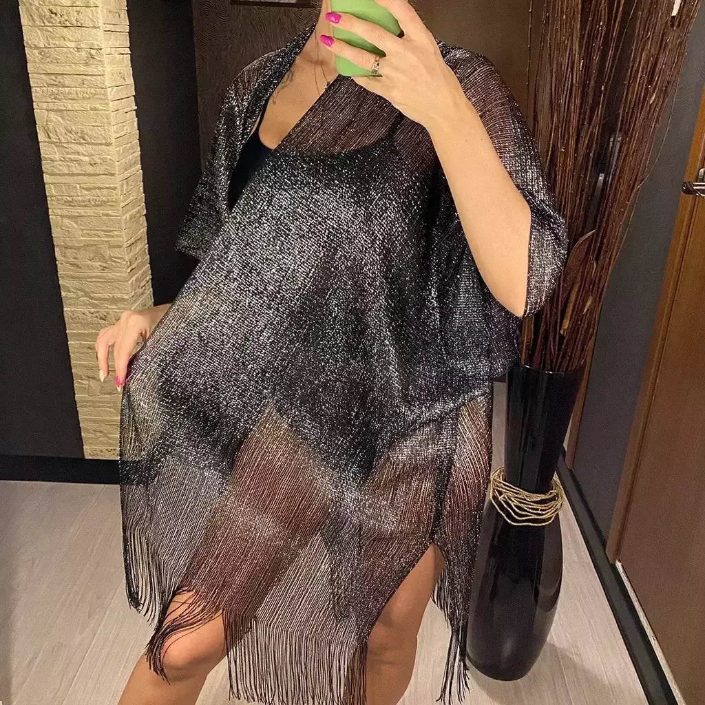 Moda borla ouro bikini cobrir sexy vestido de praia túnicas para mulheres beachwear verão cover-ups kaftan vestido de noite xales