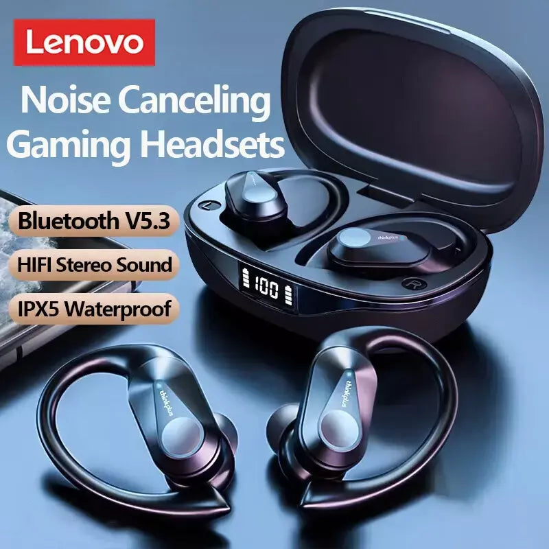 Lenovo lp75 ows sem fio bluetooth 5.3 fones de ouvido gaming redução ruído display digital led à prova dwaterproof água esportes