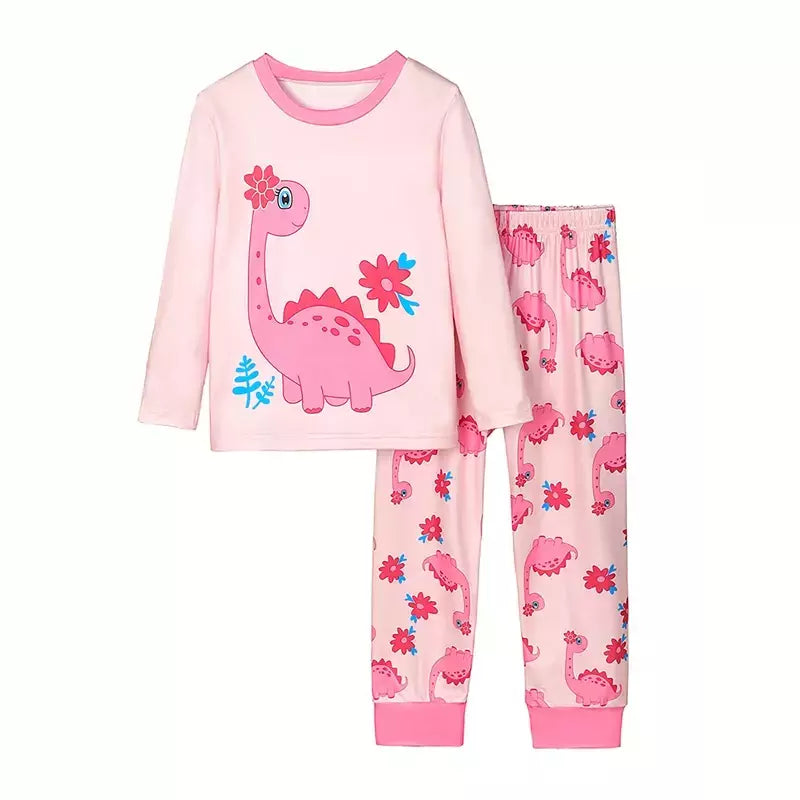 Pijamas de 2 partes com impressão de dinossauro para meninas, pijamas de manga comprida com pescoço redondo, roupas de noite princesa, conforto-friendly