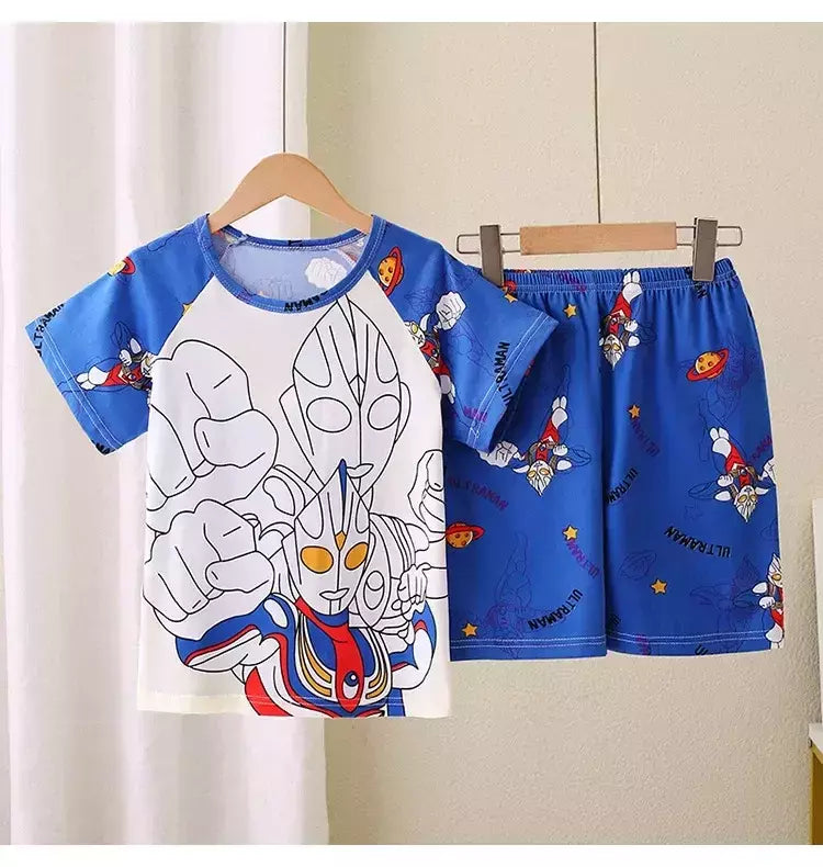 Novo verão crianças pijamas conjunto de 2 peças roupas de ar condicionado para meninos meninas bebê manga curta roupas para casa na moda