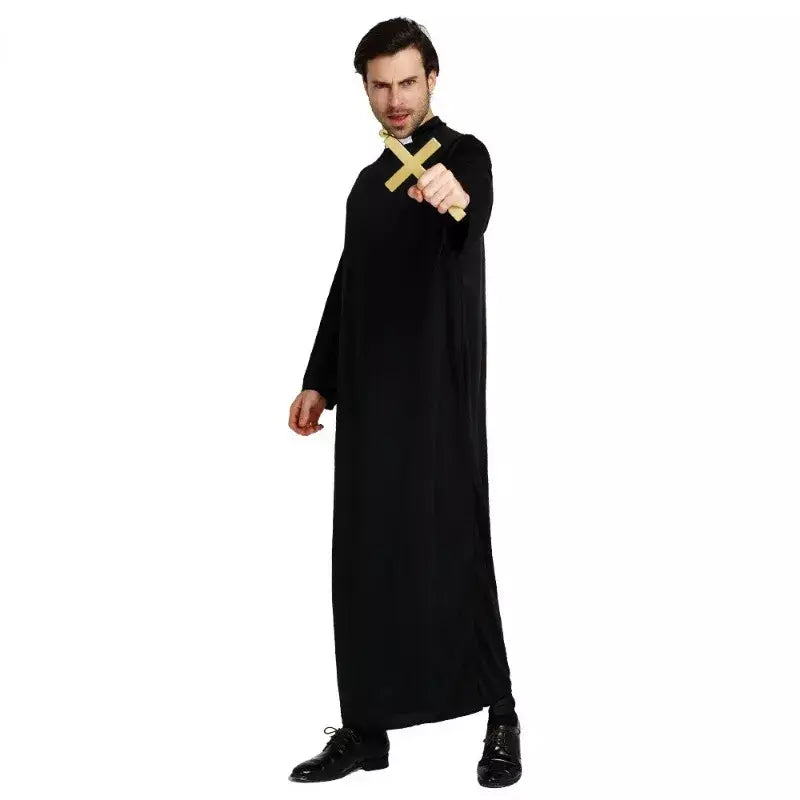 Adultos todo preto robe padrinho role play traje com cruz pastor missionários traje de halloween desempenho palco