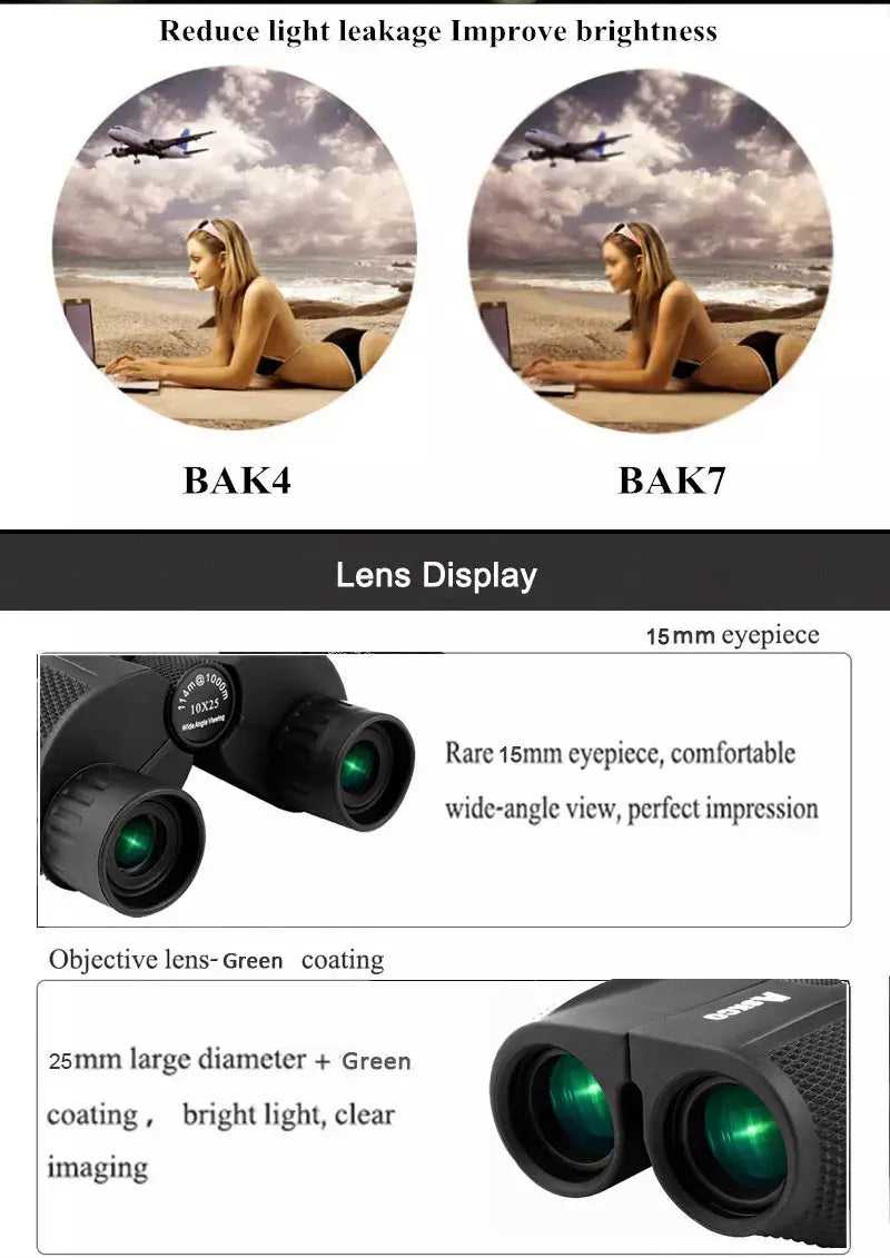 Comet binóculos 10x25 bolso de longo alcance hd telescópio dobrável compacto bak4 prisma binocular escopo óptico lente fmc para caça