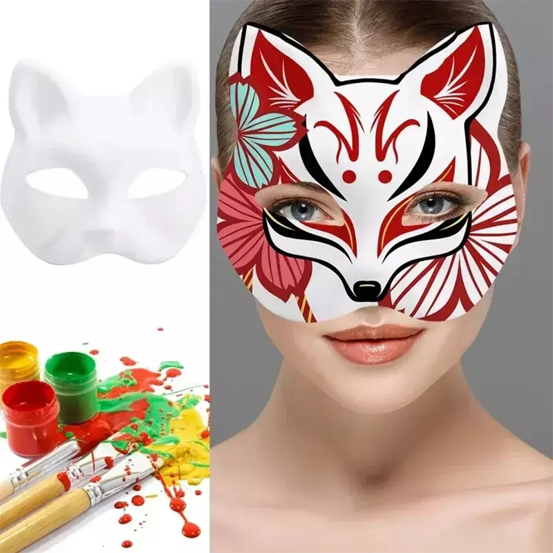 1-20 pçs máscara japonesa de papel em branco máscara halloween cosplay gato diy pintável meia máscara facial animal traje festa decoração artesanato prop