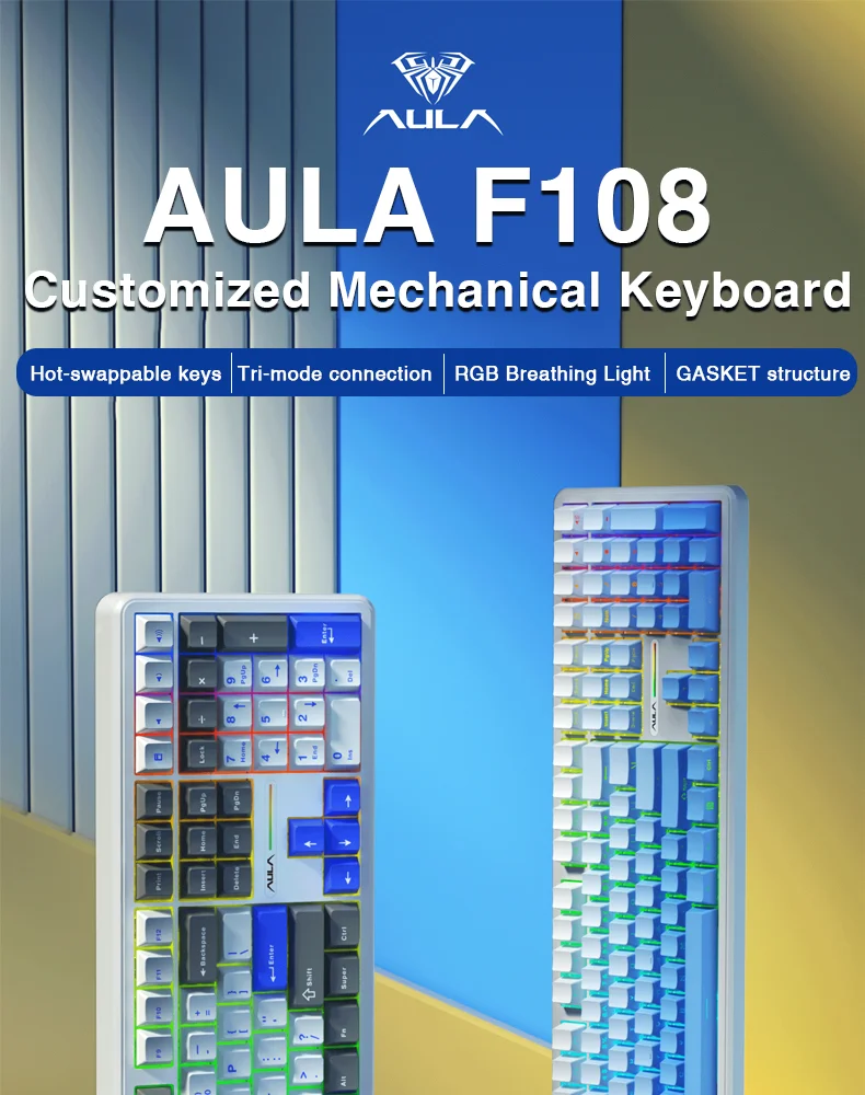 Teclado AULA F108 100% Layout 1K Taxa de pesquisa Mecânico Teclado para jogos Interruptor linear permutável quente com software macro