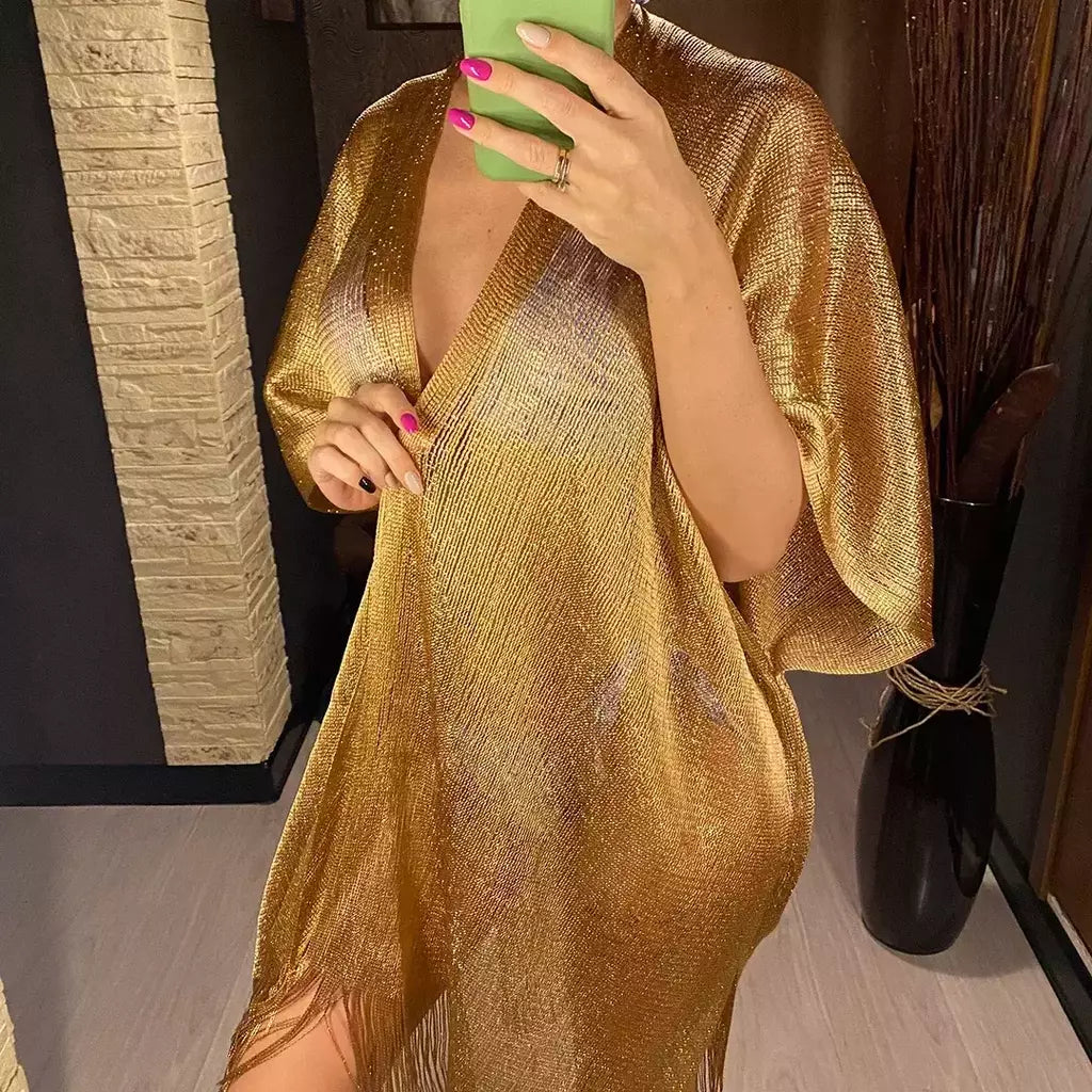 Moda borla ouro bikini cobrir sexy vestido de praia túnicas para mulheres beachwear verão cover-ups kaftan vestido de noite xales