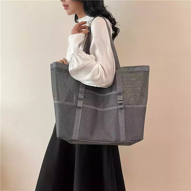 Bolsa de praia de malha portátil para mulheres, maquiagem, bolsa de lavagem, organizador de banho, Shopper Totes, verão