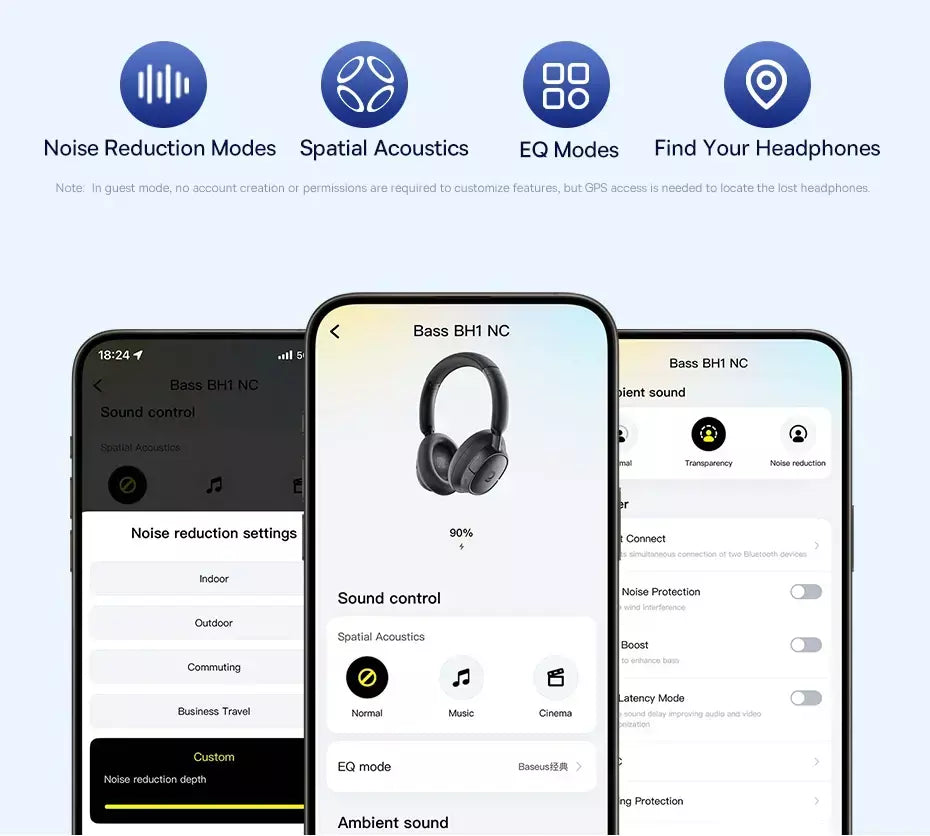 Baseus EH10 NC ANC Fones de ouvido sem fio 45dB Fones de ouvido híbridos adaptativos com cancelamento de ruído Hi-Res LDAC Fone de ouvido Bluetooth 6.0 80 horas