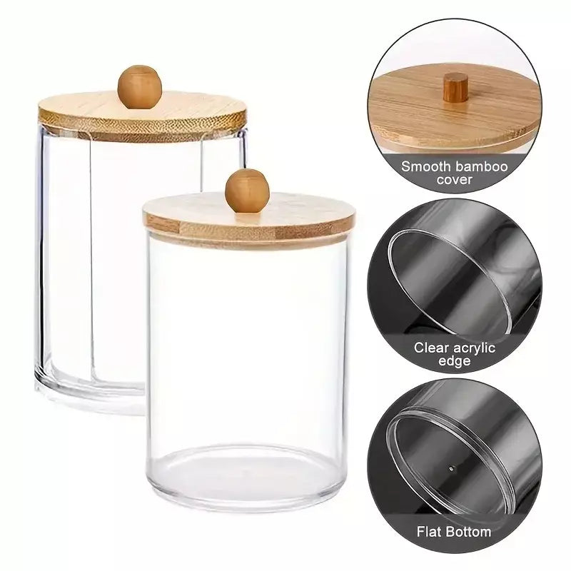 Suporte para almofada de algodão, 2 peças, frascos de banheiro, organizador de caixa de armazenamento, armazenamento de almofada de algodão com tampa de bambu, durável, à prova de poeira
