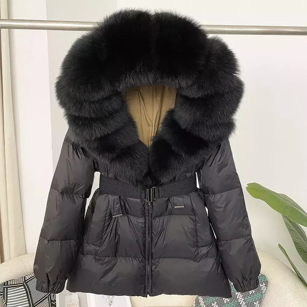 Oftbuy 2024 jaqueta de inverno feminina gola de pele de raposa natural real com capuz grosso quente 90% pato branco para baixo casaco feminino streetwear casual