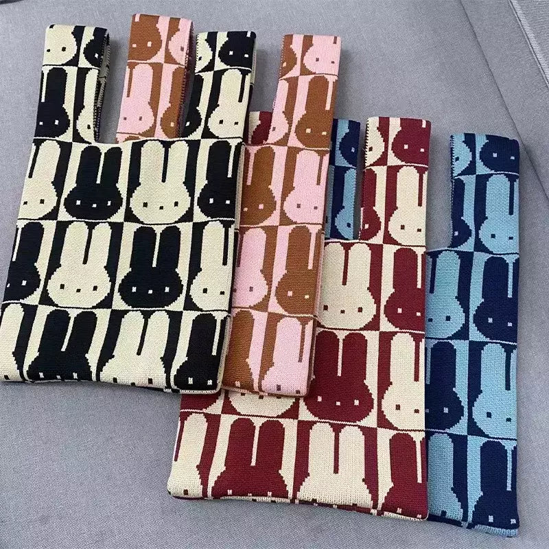 Saco de malha de nó animal para mulheres, gato coelho bonito sacola simples, bolsas de compras reutilizáveis para senhoras, moda