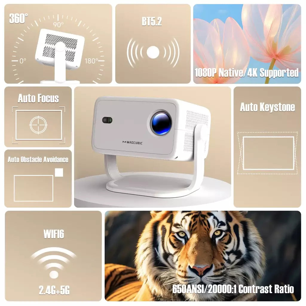 Magcubic L018 4K 650ANSI Projetor Portátil Nativo 1080P Foco Automático Correção Keystone Android 11 BT5.2 WIFI6 360 ° Cinema em casa