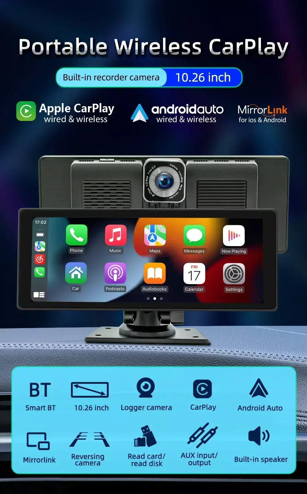 Bqcc 10.26 Polegada portátil sem fio carplay tela hd câmera de ré traseira rádio do carro dvr mp5 multimídia player vídeo android auto