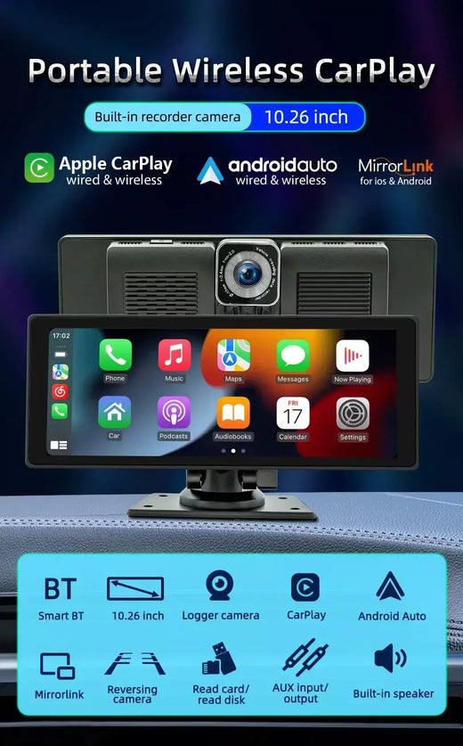 Bqcc 10.26 Polegada portátil sem fio carplay tela hd câmera de ré traseira rádio do carro dvr mp5 multimídia player vídeo android auto