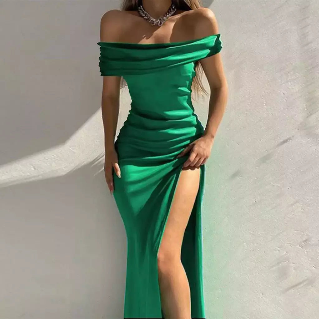 Elegante vestido de noite feminino, Monocromático, Ombro Fora, Sexy, Divisão para o Lado Alto, Luxo, Formal, Sexy, senhoras, Festa, Noite