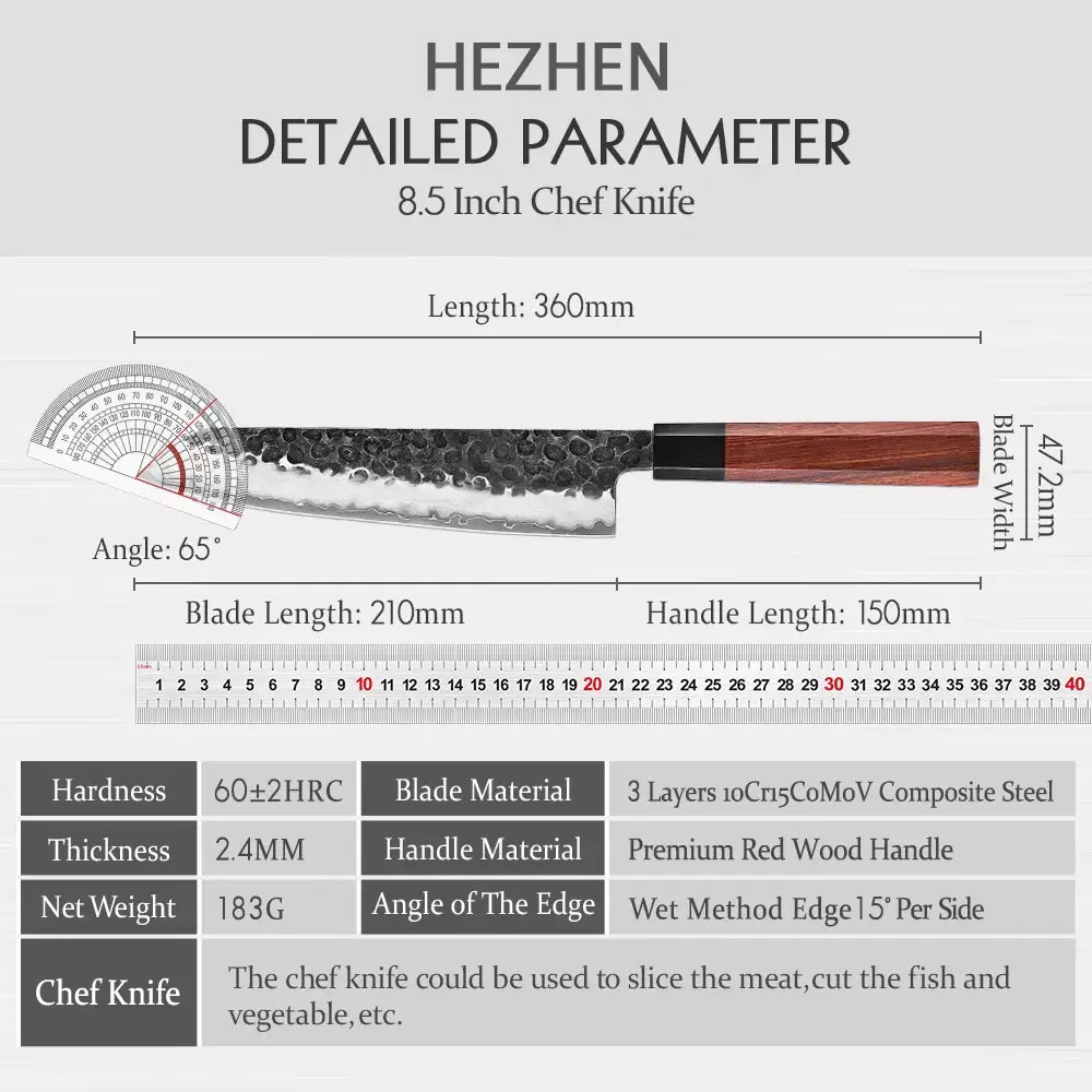 Hezhen faca santoku de 7 polegadas, aço composto de três camadas, facas de cozinha de aço inoxidável, cabo de madeira vermelha com caixa de presente