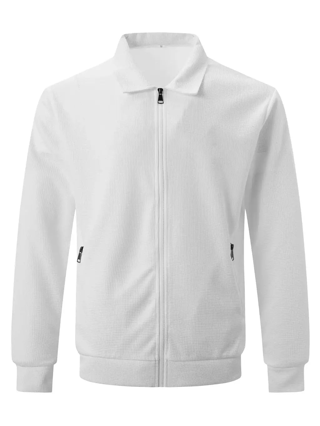 Jaqueta waffle de manga comprida masculina, monocromática, com zíper, bolso, cardigã lapela, gola polo casual, outdoor wear, primavera e outono
