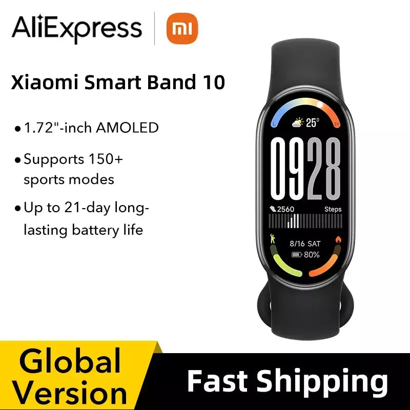 Em estoque versão global xiaomi banda inteligente 10 1.72 "amoled 150 + modos esportivos transmissão de freqüência cardíaca 5atm pulseira esportiva à prova dwaterproof água