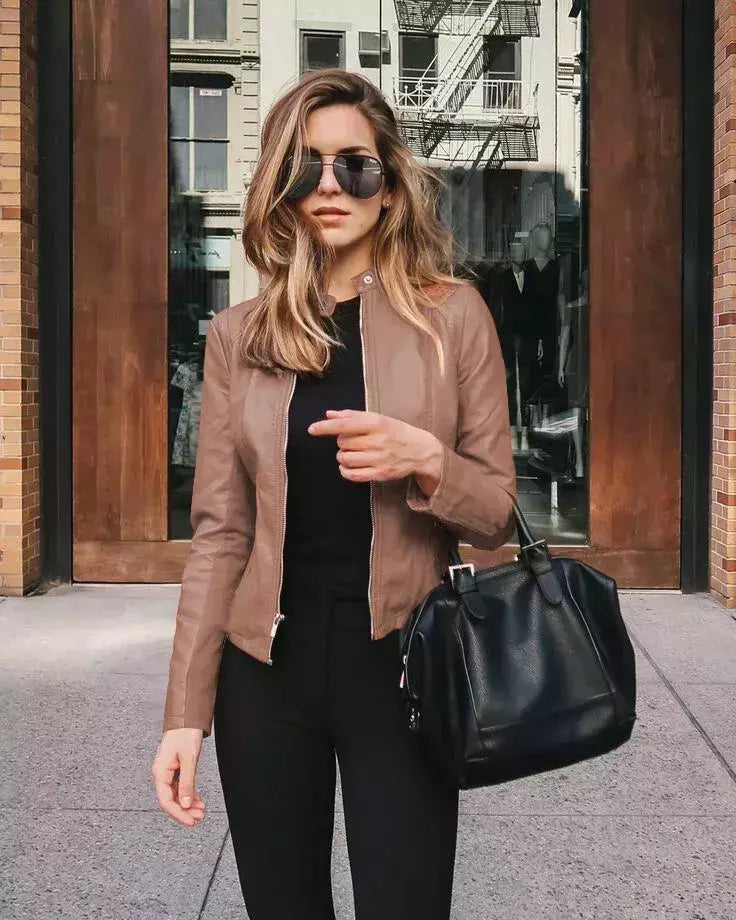 Jaqueta de couro PU feminina com zíper, casaco manga comprida, jaquetas de motociclista, slim fit, monocromática, streetwear casual, moda feminina, outono, Y2K