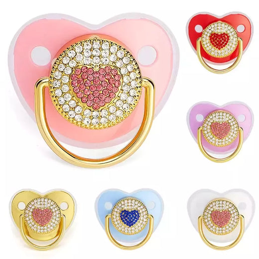 Coração Rhinestone Chupeta dos bebês com tampa, infantil Chupeta, mordedor, Silicone manequim bico, chuveiro recém-nascido, luxo, Bling