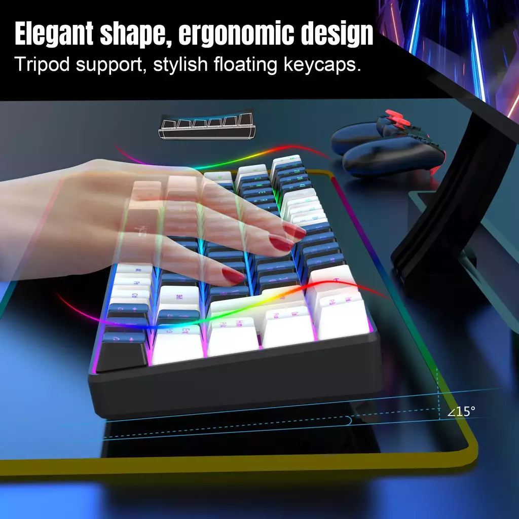 Teclado para jogos com fio USB, 68 teclas, 20 RGB Backlight, Keycaps preto e branco, Windows Laptops, Computador