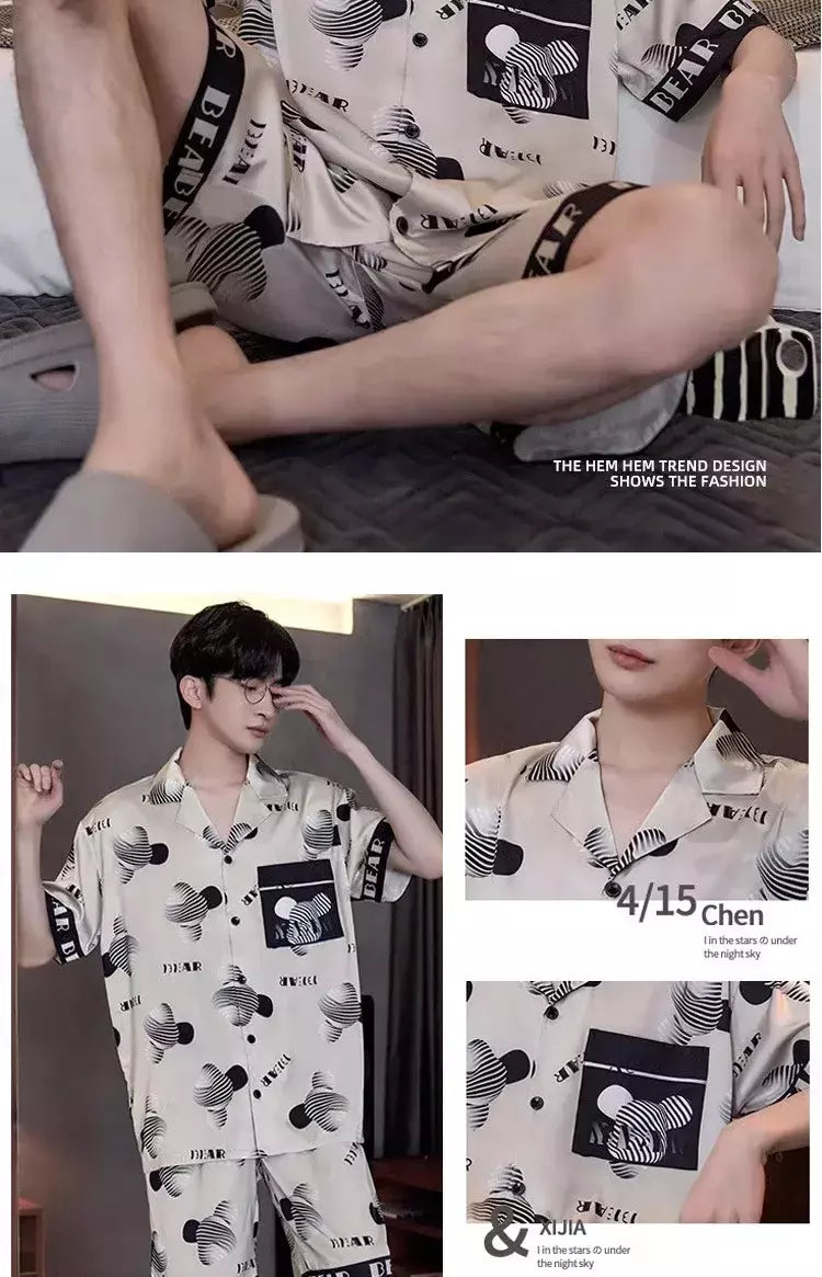 Pijama de seda gelo de duas peças masculino, shorts de manga curta, seção fina, estudante, terno homewear adolescente, verão, novo
